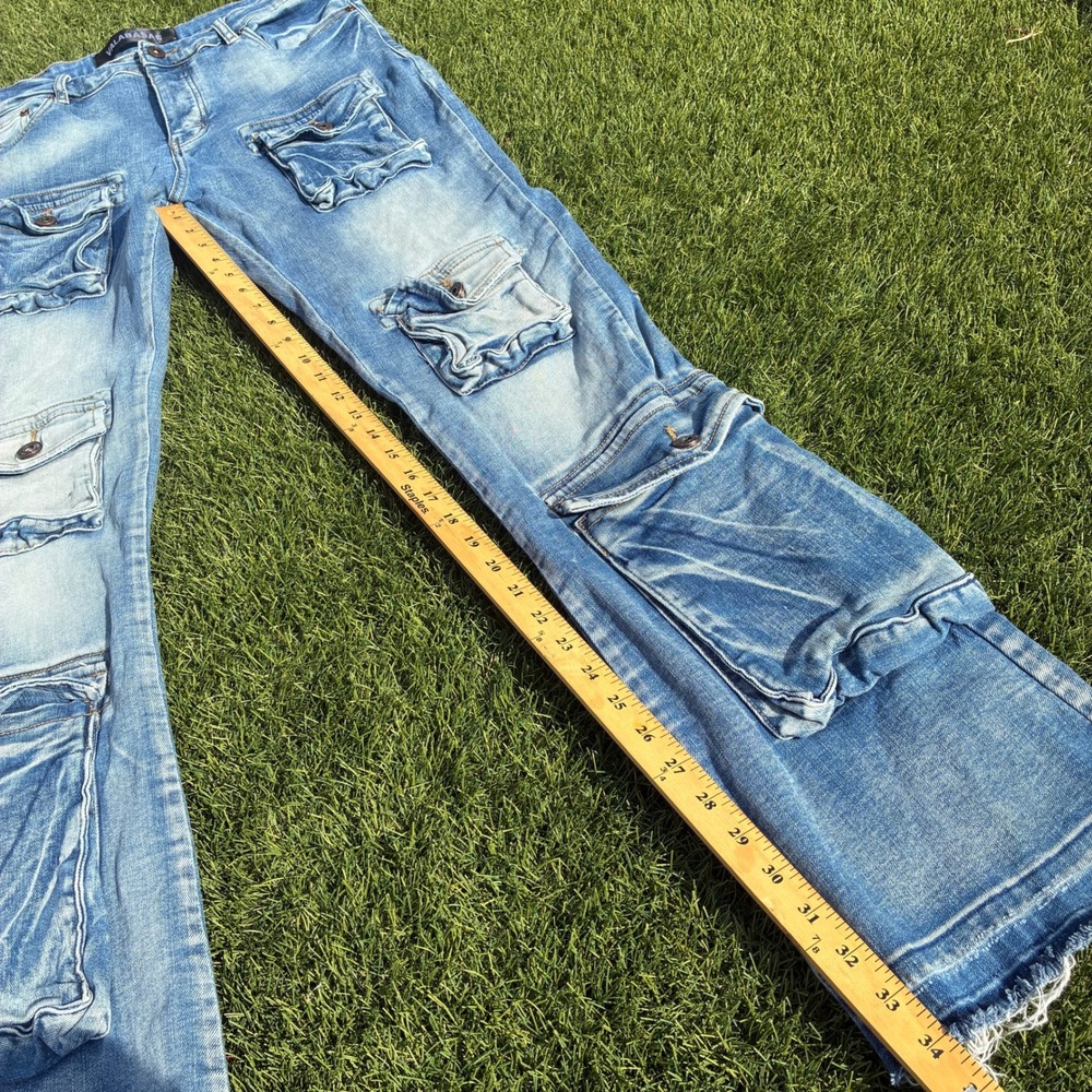 Valabasas Mens 35x34 Light Wash Blue Stacked Pocket Cargo Jeans Denim Flare Y2K - Picture 5 of 10